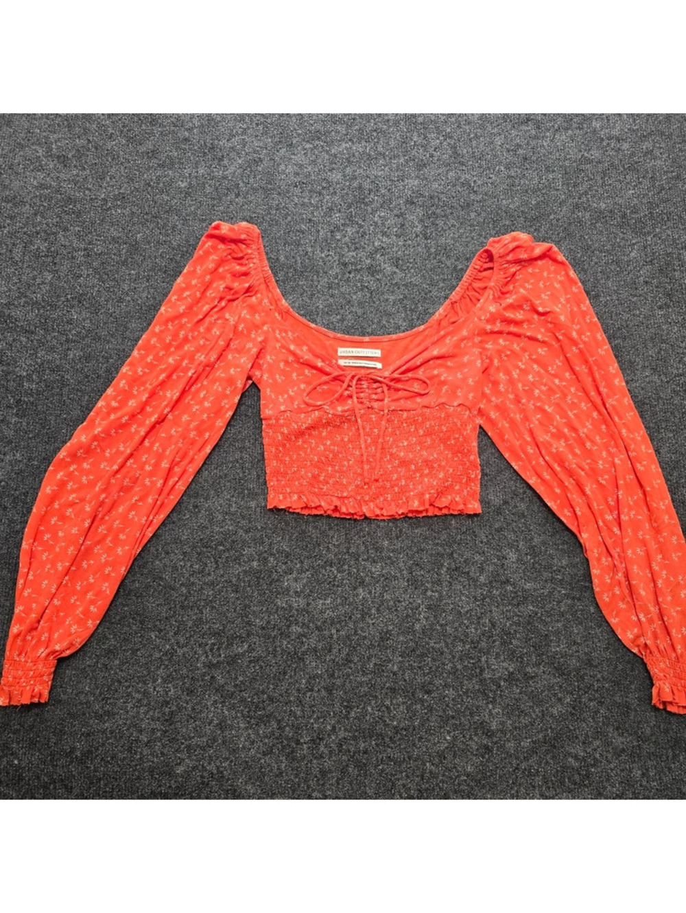 Urban Outfitters Smocked Crop Top M Orange Floral Milkmaid Balloon Sleeve Blouse